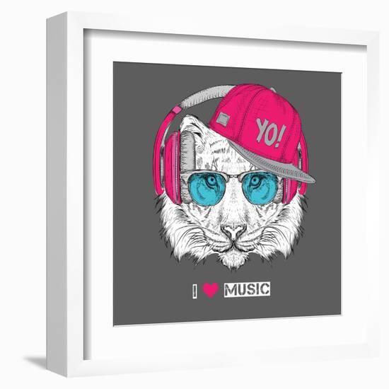 The Image of the Tiger in the Glasses, Headphones and in Hip-Hop Hat. Vector Illustration.-Sunny Whale-Framed Art Print