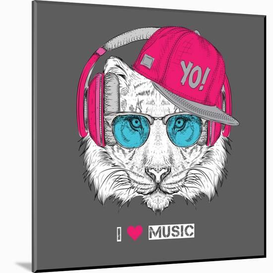 The Image of the Tiger in the Glasses, Headphones and in Hip-Hop Hat. Vector Illustration.-Sunny Whale-Mounted Art Print