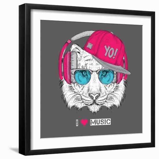 The Image of the Tiger in the Glasses, Headphones and in Hip-Hop Hat. Vector Illustration.-Sunny Whale-Framed Art Print