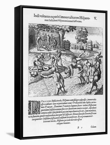 The Inhabitants of Puerto Rico Test the Belief That the Spaniards are Immortal by Drowning Salsedo-Theodor de Bry-Framed Stretched Canvas