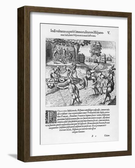 The Inhabitants of Puerto Rico Test the Belief That the Spaniards are Immortal by Drowning Salsedo-Theodor de Bry-Framed Art Print