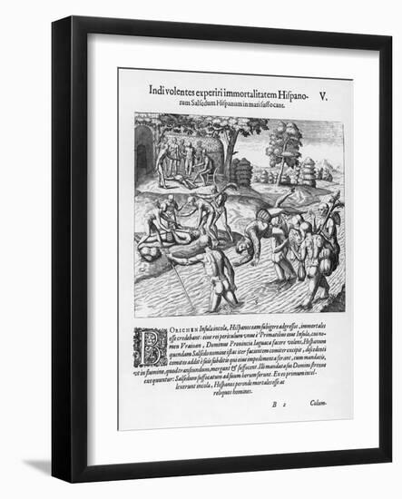 The Inhabitants of Puerto Rico Test the Belief That the Spaniards are Immortal by Drowning Salsedo-Theodor de Bry-Framed Art Print