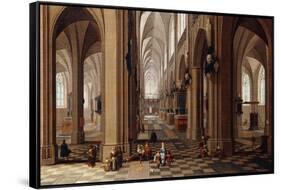 The Interior of a Gothic Cathedral with Townsfolk and Pigrims-Pieter Neeffs, the Elder-Framed Stretched Canvas