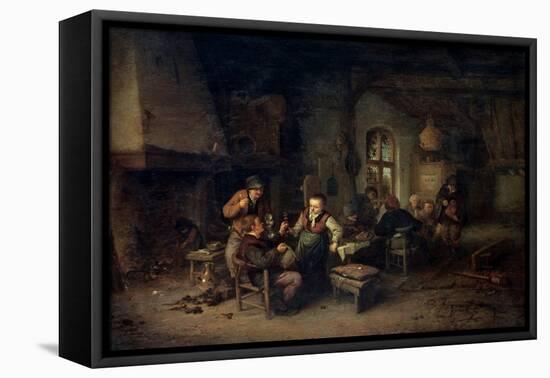 The Interior of an Inn with Nine Peasants and a Hurdy-Gurdy Player, 1653-Adriaen Van Ostade-Framed Stretched Canvas