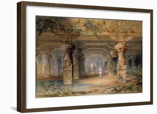 The Interior of the Great Cave, Elephanta, Bombay, 19th Century (Pencil, W/C)-Thomas J. Rawlins-Framed Giclee Print