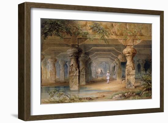 The Interior of the Great Cave, Elephanta, Bombay, 19th Century (Pencil, W/C)-Thomas J. Rawlins-Framed Giclee Print