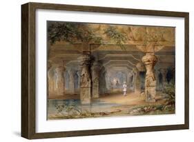 The Interior of the Great Cave, Elephanta, Bombay, 19th Century (Pencil, W/C)-Thomas J. Rawlins-Framed Giclee Print