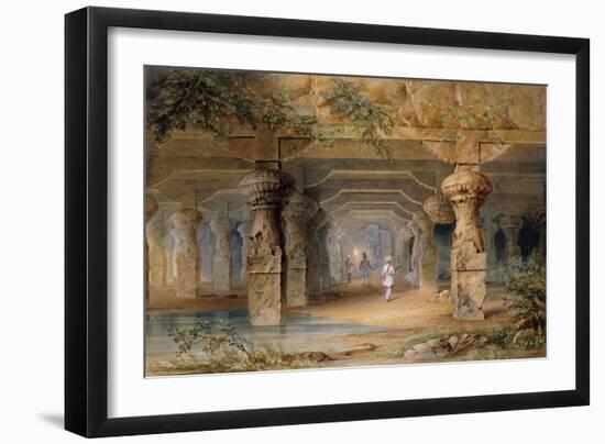 The Interior of the Great Cave, Elephanta, Bombay, 19th Century (Pencil, W/C)-Thomas J. Rawlins-Framed Giclee Print