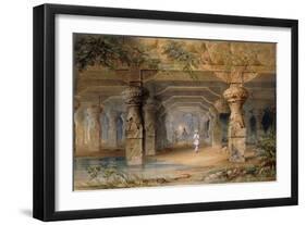 The Interior of the Great Cave, Elephanta, Bombay, 19th Century (Pencil, W/C)-Thomas J. Rawlins-Framed Giclee Print