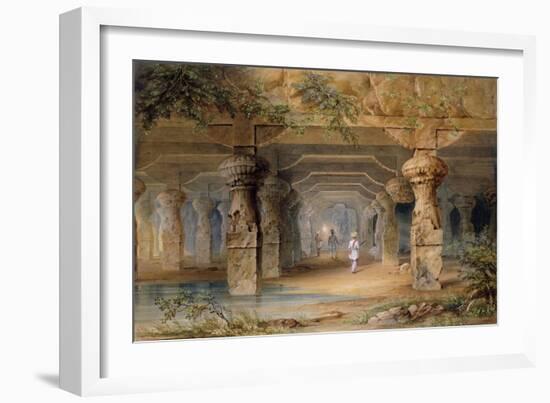 The Interior of the Great Cave, Elephanta, Bombay, 19th Century (Pencil, W/C)-Thomas J. Rawlins-Framed Giclee Print