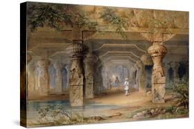 The Interior of the Great Cave, Elephanta, Bombay, 19th Century (Pencil, W/C)-Thomas J. Rawlins-Stretched Canvas