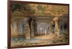 The Interior of the Great Cave, Elephanta, Bombay, 19th Century (Pencil, W/C)-Thomas J. Rawlins-Framed Giclee Print