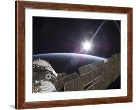 The International Space Station Backdropped by the Bright Sun Over Earth's Horizon-Stocktrek Images-Framed Photographic Print