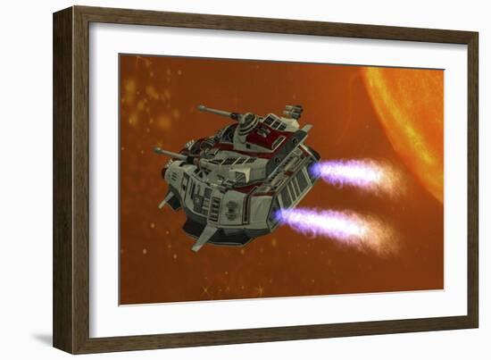 The Ironstar Battleship Flies Near a Large Sun-null-Framed Art Print