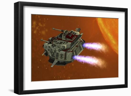 The Ironstar Battleship Flies Near a Large Sun-null-Framed Art Print