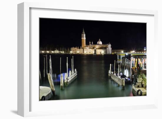 The Island and Church of San Georgio Maggiore at Night with a Boat Dock in the Foreground, Venice-Sean Cooper-Framed Photographic Print