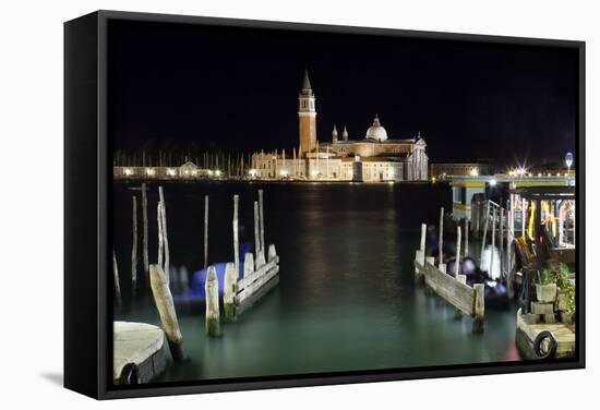 The Island and Church of San Georgio Maggiore at Night with a Boat Dock in the Foreground, Venice-Sean Cooper-Framed Stretched Canvas