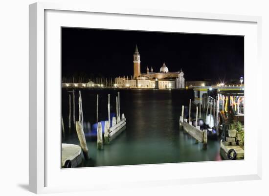 The Island and Church of San Georgio Maggiore at Night with a Boat Dock in the Foreground, Venice-Sean Cooper-Framed Photographic Print