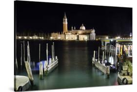 The Island and Church of San Georgio Maggiore at Night with a Boat Dock in the Foreground, Venice-Sean Cooper-Stretched Canvas