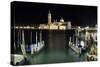 The Island and Church of San Georgio Maggiore at Night with a Boat Dock in the Foreground, Venice-Sean Cooper-Stretched Canvas