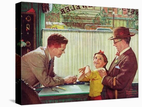 The Jewelry Shop (or Girl Trying on Jewelry)-Norman Rockwell-Stretched Canvas