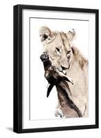 The Kill. A Lioness with a Blue Wildebeest Calf, Serengeti National Park, East Africa-James Hager-Framed Premium Photographic Print