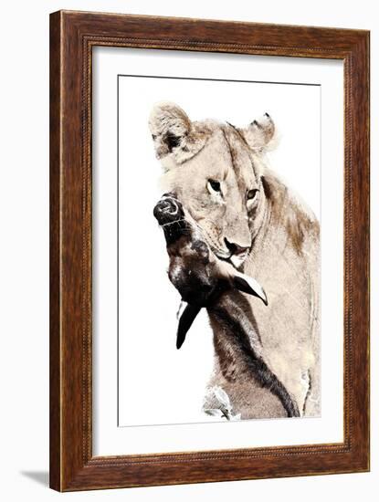 The Kill. A Lioness with a Blue Wildebeest Calf, Serengeti National Park, East Africa-James Hager-Framed Photographic Print