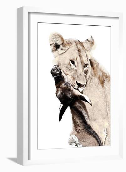 The Kill. A Lioness with a Blue Wildebeest Calf, Serengeti National Park, East Africa-James Hager-Framed Photographic Print