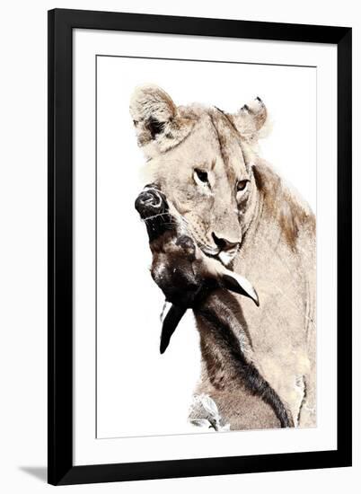 The Kill. A Lioness with a Blue Wildebeest Calf, Serengeti National Park, East Africa-James Hager-Framed Photographic Print