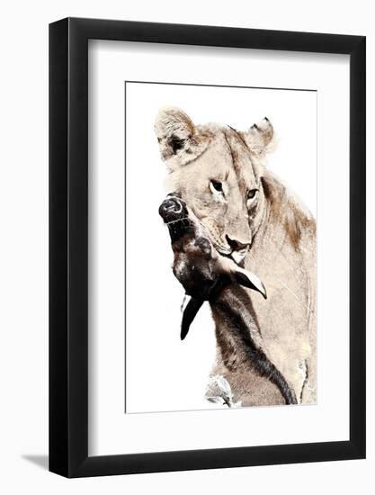 The Kill. A Lioness with a Blue Wildebeest Calf, Serengeti National Park, East Africa-James Hager-Framed Photographic Print