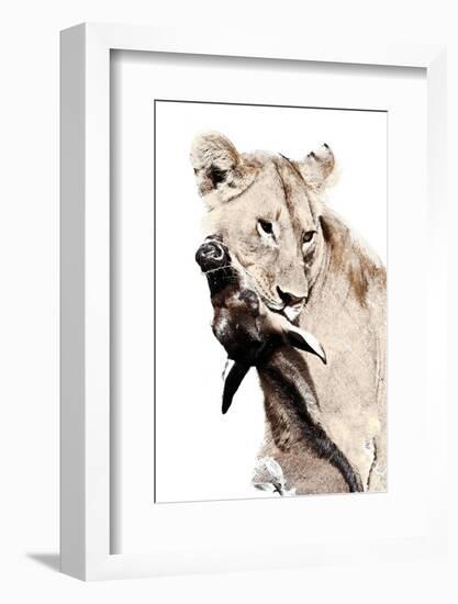 The Kill. A Lioness with a Blue Wildebeest Calf, Serengeti National Park, East Africa-James Hager-Framed Photographic Print