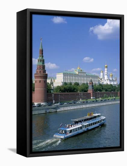 The Kremlin and Moskva River with Tourist Boat, Moscow, Russia-Steve Vidler-Framed Stretched Canvas
