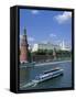 The Kremlin and Moskva River with Tourist Boat, Moscow, Russia-Steve Vidler-Framed Stretched Canvas