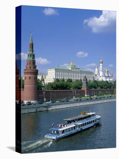 The Kremlin and Moskva River with Tourist Boat, Moscow, Russia-Steve Vidler-Stretched Canvas