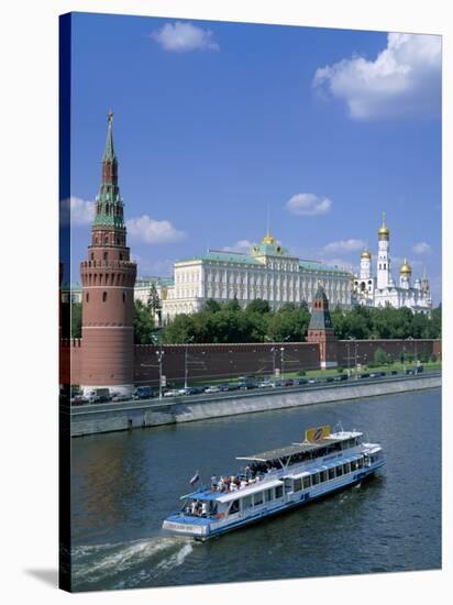 The Kremlin and Moskva River with Tourist Boat, Moscow, Russia-Steve Vidler-Stretched Canvas