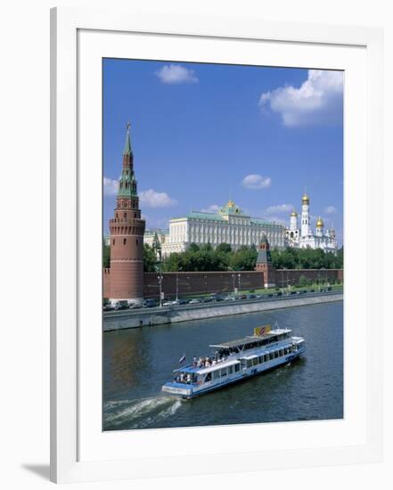 The Kremlin and Moskva River with Tourist Boat, Moscow, Russia-Steve Vidler-Framed Photographic Print