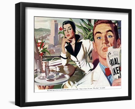 The Lady and the Mug  - Saturday Evening Post "Leading Ladies", August 28, 1954 pg.31-Perry Peterson-Framed Premium Giclee Print