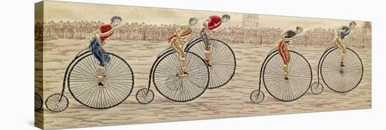 The Last Lap, Penny Farthing Race Woven Silk Stevengraph, by Thomas Stevens of Coventry, 1872-null-Stretched Canvas