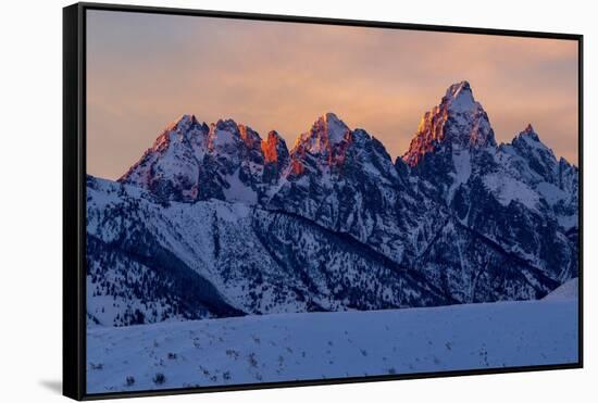 The last rays of sunset hit the Grand Teton on a winter evening-Tim Laman-Framed Stretched Canvas