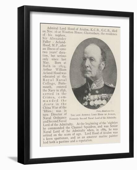 The Late Admiral Lord Hood of Avalon, Formerly Second Naval Lord of the Admiralty-null-Framed Giclee Print