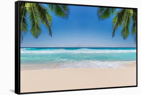 The Leaves of Palm Trees on Sunny Tropical Beach. Summer Vacation and Tropical Beach Background Con-Lucky-photographer-Framed Stretched Canvas