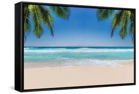 The Leaves of Palm Trees on Sunny Tropical Beach. Summer Vacation and Tropical Beach Background Con-Lucky-photographer-Framed Stretched Canvas