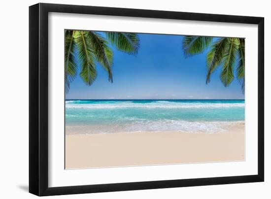 The Leaves of Palm Trees on Sunny Tropical Beach. Summer Vacation and Tropical Beach Background Con-Lucky-photographer-Framed Photographic Print