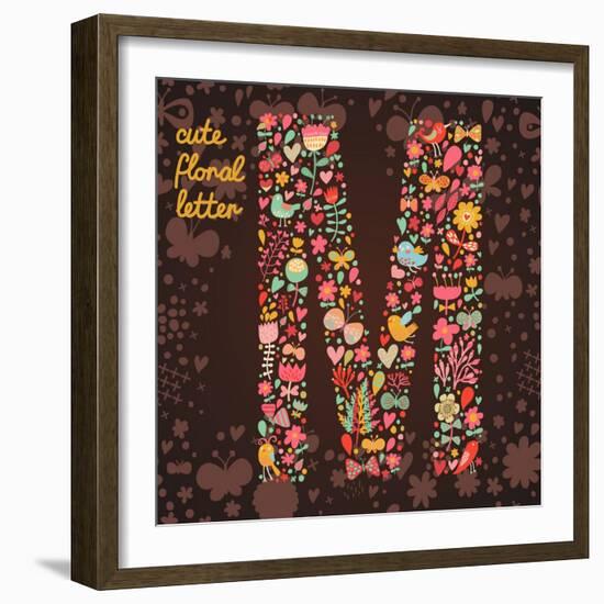 The Letter M. Bright Floral Element of Colorful Alphabet Made from Birds, Flowers, Petals, Hearts A-smilewithjul-Framed Art Print