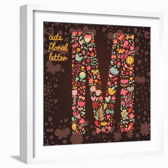 The Letter M. Bright Floral Element of Colorful Alphabet Made from Birds, Flowers, Petals, Hearts A-smilewithjul-Framed Art Print