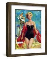 The Lifeguard & The Lady  - Saturday Evening Post "Leading Ladies", August 27, 1955 pg.24-Bn Stahl-Framed Giclee Print