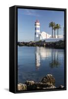 The Lighthouse Reflected in the Blue Water under the Blue Summer Sky, Cascais, Estoril Coast-Roberto Moiola-Framed Stretched Canvas