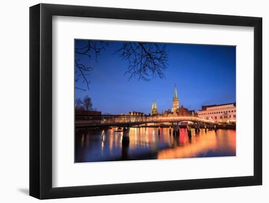 The Lights of Dusk on Typical Bridge and the Cathedral Reflected in River Trave, Lubeck-Roberto Moiola-Framed Photographic Print