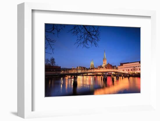 The Lights of Dusk on Typical Bridge and the Cathedral Reflected in River Trave, Lubeck-Roberto Moiola-Framed Photographic Print