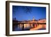 The Lights of Dusk on Typical Bridge and the Cathedral Reflected in River Trave, Lubeck-Roberto Moiola-Framed Photographic Print